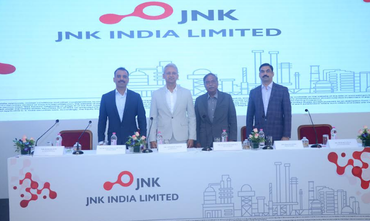  (L-R) Dipak Kacharulal Bharuka- CEO, Arvind Kamath- Chairperson, Goutam Rampelli- Director, Pravin Sathe-CFO of JNK India Limited at their IPO Announcement, Mumbai